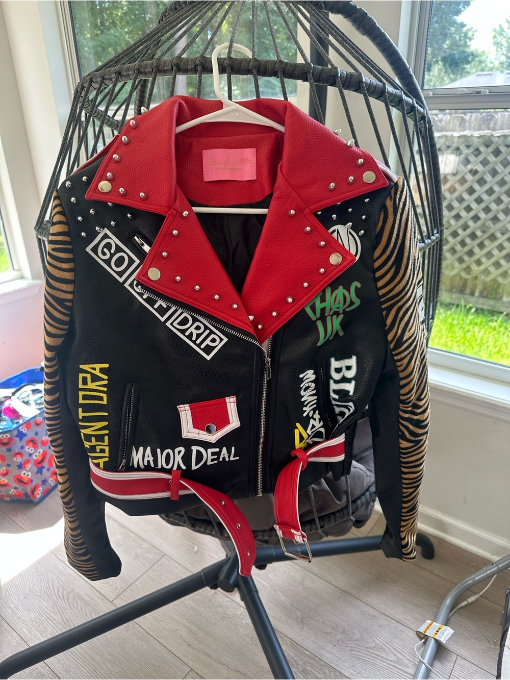 Women’s Red & Black Graphic Leather Biker Jacket - Picture 1 of 3